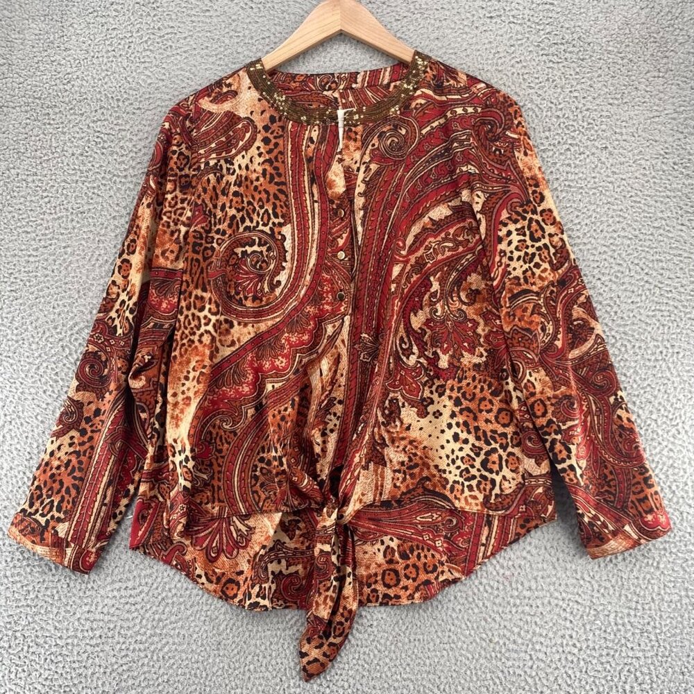 Chicos Top Womens 2 US Large Red Scroll Floral 1/4 Button Tie Front Long Sleeve